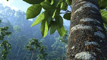 Immerse yourself in the vibrant hues of a tropical paradise, where lush greenery carpets the landscape and towering trees reach for the sky, their leaves dancing in the gentle breeze, creating a photo