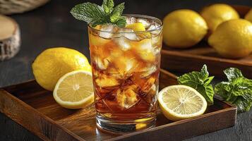 Iced Tea A Refreshing Summer Drink with Lemon and Mint, Perfect for a Hot Day Enjoy a Cold Glass of Homemade Iced Tea with Fresh Ingredients This Delicious Beverage Is Ideal for Parties, Picnics, or photo