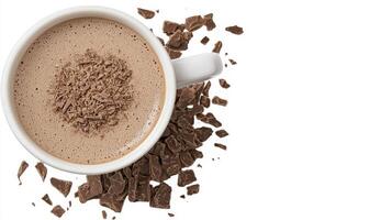 Indulge in a comforting cup of hot chocolate, captured in a delectable image showcasing its rich, creamy texture and the enticing aroma of pure cocoa This inviting photograph highlights the warmth photo