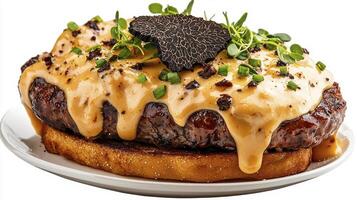 Indulge in a culinary masterpiece with this exquisite burger image, showcasing a juicy beef patty generously smothered in a decadent cheese sauce, adorned with delicate truffle shavings and fresh photo