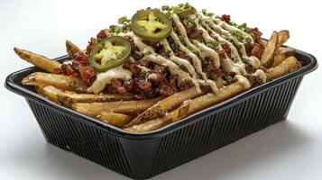 Indulge in a mouthwatering culinary experience with this close-up shot of loaded French fries, featuring crispy golden potatoes, savory bacon bits, melted cheese, zesty jalapenos, and a creamy photo