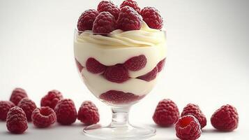 Indulge in a delightful raspberry parfait, a symphony of flavors and textures that combines the tangy sweetness of fresh raspberries with the creamy smoothness of a velvety vanilla cream, creating an photo