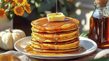 Indulge in a stack of fluffy pumpkin pancakes drenched in golden maple syrup, topped with a pat of melting butter, a quintessential autumn breakfast treat, perfect for cozy mornings, weekend photo
