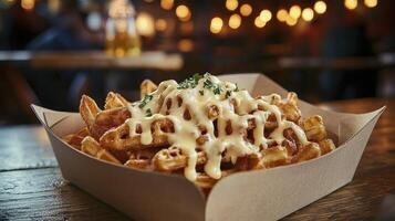 Indulge in Deliciousness A Captivating Close-Up of Golden French Fries Drenched in Creamy, Mouthwatering Cheese Sauce, Garnished with Fresh Herbs, Perfect for Food Photography Enthusiasts and photo