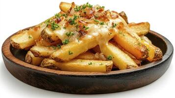 Indulge in Deliciousness A Close-Up View of Crispy French Fries Topped with Melted Cheese, Savory Bacon Bits, and Fresh Green Herbs, Perfect for Food Bloggers, Restaurant Menus, and Culinary photo