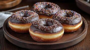 Indulge in Deliciousness A Tempting Close-Up of Four Glazed Donuts Sprinkled with Colorful Candy, Perfect for Satisfying Your Sweet Tooth Cravings Enjoy These Delectable Treats as a Delightful photo