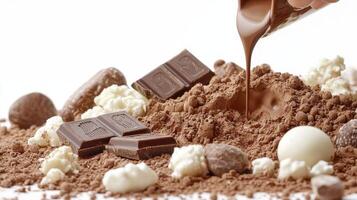 Indulge in Delectable Chocolate Delights A Captivating Close-Up of Melted Chocolate Pouring onto a Bed of Rich Cocoa Powder, Surrounded by Luscious Chocolate Bars, Tempting Truffles, and Fluffy White photo