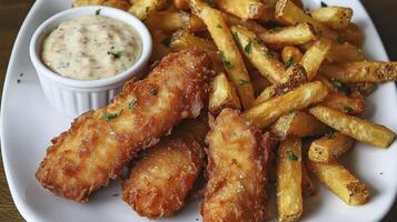 Indulge in golden, crispy fish and chips, a classic comfort food delight Savor the perfectly battered fish fillets, paired with thick-cut, golden fries, creating a symphony of textures and flavors photo