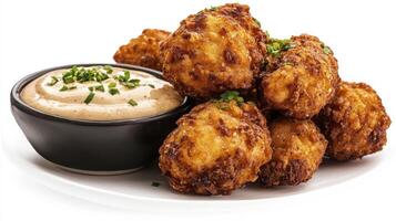 Indulge in the delectable delight of golden-brown, crispy fried cheese balls, a savory appetizer that's perfect for any occasion, paired with a creamy, tangy dipping sauce, garnished with fresh photo
