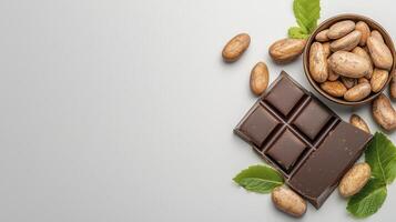 Indulge in the rich allure of dark chocolate, a delectable treat paired with raw cocoa beans and vibrant green leaves, presented against a soft, neutral backdrop, perfect for showcasing culinary photo