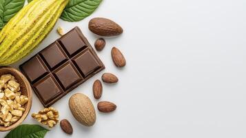 Indulge in the rich and decadent world of chocolate with this captivating image, showcasing the harmonious blend of cocoa beans, velvety chocolate squares, and an assortment of delectable nuts photo