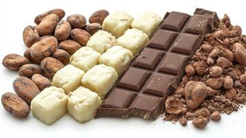 Indulge in the rich and decadent world of chocolate with this captivating image showcasing cocoa beans, white chocolate squares, a tempting milk chocolate bar, and a mound of dark, velvety cocoa photo
