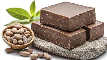 Indulge in the Richness Captivating Image of Handcrafted Chocolate Bars Nestled on Natural Stone, Complemented by Fresh Cocoa Beans and Vibrant Green Leaves, Showcasing the Artistry and Purity of photo