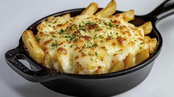 Indulge in the Ultimate Comfort Food A Close-Up of Delicious Cheesy Fries, Golden Potatoes Topped with Melted Cheese, Sprinkled with Fresh Parsley, Served in a Rustic Cast Iron Skillet Capture the photo