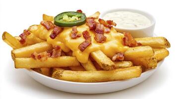 Indulge in the ultimate comfort food with this mouthwatering image of loaded French fries, a delightful culinary creation that combines crispy, golden-brown fries with a generous blanket of melted photo