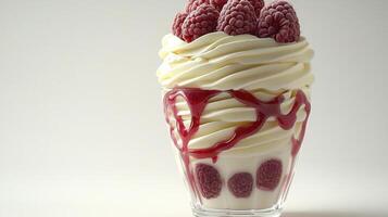 Indulge in the Visual Delight of a Delectable Raspberry Dessert A Close-Up Shot Showcasing the Creamy Texture, Vibrant Color, and Irresistible Appeal of this Sweet Treat This image captures the photo