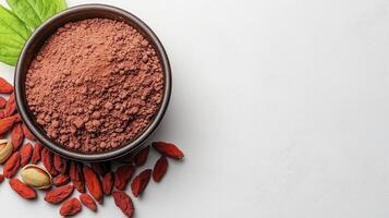 Nutritious Superfood Ingredients Capture the Vibrant Essence of Goji Berries, Rich Cocoa Powder, and Earthy Pistachios in a Minimalist Composition Highlighting Health Benefits, Antioxidants, and photo