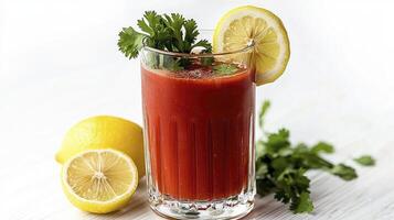 Refreshing Tomato Juice Cocktail with Lemon and Parsley A Vibrant and Healthy Drink Ideal for Summer, Showcasing Fresh Ingredients and a Zesty Flavor Profile Perfect for a Brunch or a Light Lunch photo