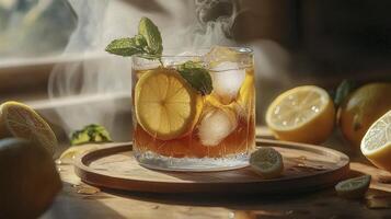 Refreshing Iced Tea Drink with Lemon and Mint A Chilled Summer Beverage Showcasing a Glass of Cold Brewed Iced Tea, Garnished with Fresh Lemon Slices and Sprigs of Mint on a Wooden Tray, Perfect for photo
