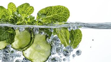 Refreshing Water Infusion Explore the vibrant world of cucumber slices and fresh green herbs submerged in clear, sparkling water, creating a visually stunning and thirst-quenching image Discover the photo