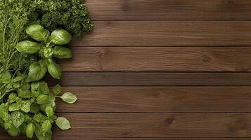 Rustic Wooden Background with Fresh Herbs A Beautiful Backdrop for Culinary Creations and Natural Food Photography, Featuring Basil, Parsley, and Other Greens Perfect for Highlighting Recipes photo