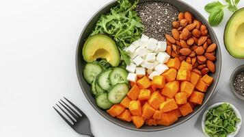 Vibrant and Healthy Food Bowl A Close-Up Look at Fresh Ingredients for a Nutritious Meal This image showcases the beauty of eating well with colorful vegetables, protein-packed nuts, and healthy photo