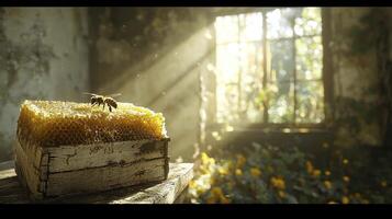 A captivating scene unfolds within an abandoned, sun-drenched room, where nature reclaims its space A single bee diligently explores the intricate honeycomb, illuminated by ethereal rays of light photo
