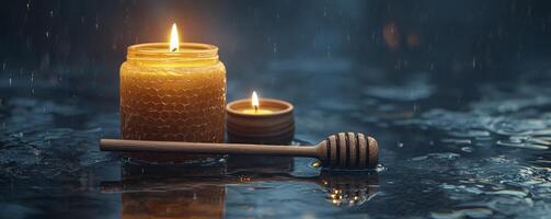 Ambient Still Life Warm Candles and Honey Dipper Reflecting on a Wet Surface, A Captivating Image Showcasing The Beauty Of Simplicity Golden Glow Illuminating The Frame, Perfect For Cozy Evenings photo