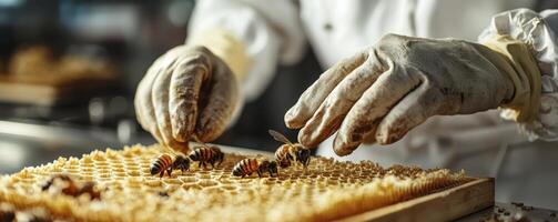 Captivating Close-Up Beekeeper Carefully Handles Honeycomb Frame with Bees Explore the intricate details of apiculture, showcasing the harmonious relationship between humans and nature Observe the photo