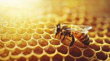 Captivating Close-Up of a Honeybee on Golden Honeycomb Explore the intricate details of apiculture with this stunning macro photograph showcasing a bee diligently working on its hexagonal wax photo