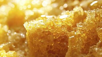 Golden honeycomb glistening in sunlight, a close-up shot capturing the intricate patterns of the wax cells filled with sweet, viscous honey This macro photograph showcases the beauty of nature photo