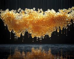 Golden Honeycomb Drips A Stunning Macro Photograph Showcasing the Intricate Beauty of Nature Sweetest Creation, Explore the Rich Texture and Luminous Color of Honey as it Cascades from the Delicate photo