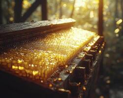 Discover the Golden Harvest A Stunning Close-Up of Honeycomb in Natural Light, Explore the intricate details of this raw and natural golden substance, captured in a woodland setting, showcasing the photo