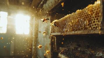 Golden Honeycomb Harvest A Close-Up View of Bees in Action, Capturing the Essence of Nature Sweet Nectar Witness the intricate dance of bees as they work diligently in their hive, creating liquid photo