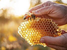 Golden Honeycomb Held Gently in Human Hands A Close-Up View of Nature Sweet Nectar, captured in Warm, Golden Light Experience the Intricate Beauty of Beehives and the Vital Role of Bees in photo