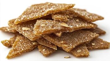Captivating Close-Up of Delicious Brittle Candy Stacked on a Clean White Background, Showcasing the Golden Brown Caramelization, Crunchy Texture, and Scattered Nut Pieces Perfect for Food Blogs photo