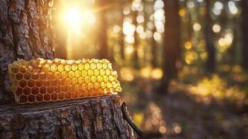 Golden Honeycomb Sunlight Dappled Through Forest Trees A close up capturing the warmth and sweetness of nature bounty, shining light on intricate cells of beeswax, an embodiment of bee colony and photo