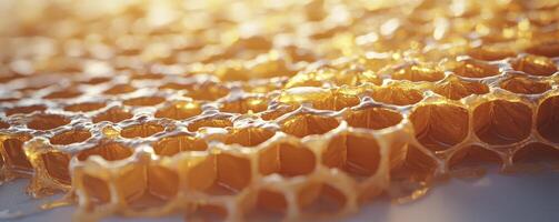 Golden Honeycomb Macro Shot A Detailed View of Nature Sweet Architecture Explore the intricate hexagonal cells filled with viscous, amber honey Close-up photography reveals the delicate structure photo