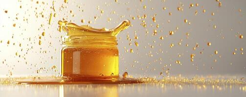 Golden Liquid Splash A captivating photograph showcasing the dynamic movement of a viscous, amber-colored liquid as it bursts from a clear glass jar, creating a mesmerizing splash with droplets photo