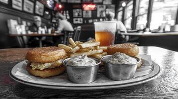 Indulge in a delectable feast with this captivating image showcasing a mouthwatering burger, perfectly golden fries, and savory dipping sauces, all artfully arranged on a plate at a charming photo