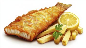 Golden-fried fish and chips, a classic British comfort food staple, beautifully displayed with a vibrant slice of lemon and a sprig of fresh parsley, showcasing the crispy texture of the battered photo
