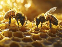 Honeybees on Golden Honeycomb A Close-Up Image Capturing the Intricate Details of Bee Life and Honey Production Experience the Warmth of the Honeycomb Glow as Two Bees Interact, Showcasing the photo
