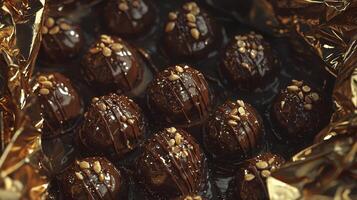 Indulge in Decadence Exquisite Chocolate Truffles Showcased in a Luxurious Golden Setting, A Delectable Treat Perfect for Festive Occasions, Featuring Smooth, Rich Dark Chocolate, Garnished with a photo