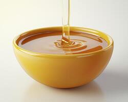 Golden Liquid Delight A Captivating Still Life of Honey Flowing into a Vibrant Yellow Bowl, Evoking Warmth, Sweetness, and Natural Goodness Discover the Rich Texture and Enticing Aroma of Pure Honey photo
