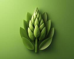 A captivating close-up showcases a vibrant green plant, meticulously arranged in an artistic composition against a matching green background The intricate details of the leaves and the central bud photo