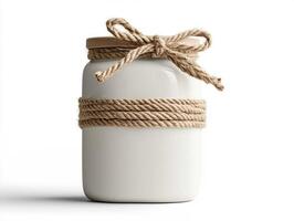 A captivating image showcasing a charming white ceramic jar adorned with rustic jute rope, creating a warm and inviting aesthetic, perfect for home dcor inspiration, craft projects, or simply photo