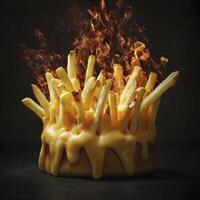 A captivating image showcasing French fries ablaze with fiery passion, a unique culinary creation that blends the comforting familiarity of potatoes with an unexpected twist of molten cheese and photo