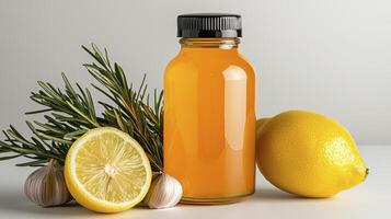 A vibrant close-up showcases a healthy beverage, a golden elixir beautifully displayed in a glass bottle alongside fresh ingredients The composition features a bright lemon, pungent garlic cloves photo