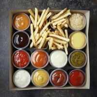 An aerial view of delicious french fries arranged neatly in a square takeout box, accompanied by twelve small cups filled with various colorful dipping sauces creating a culinary symphony Savor the photo