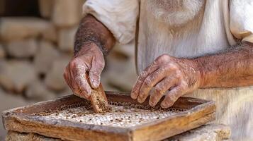 Artisan Hands Shaping Traditional Craft A Close-Up View of an Elderly Craftsman Carefully Working on a Wooden Frame, Skillfully Manipulating Material, Displaying Generations of Expertise and photo